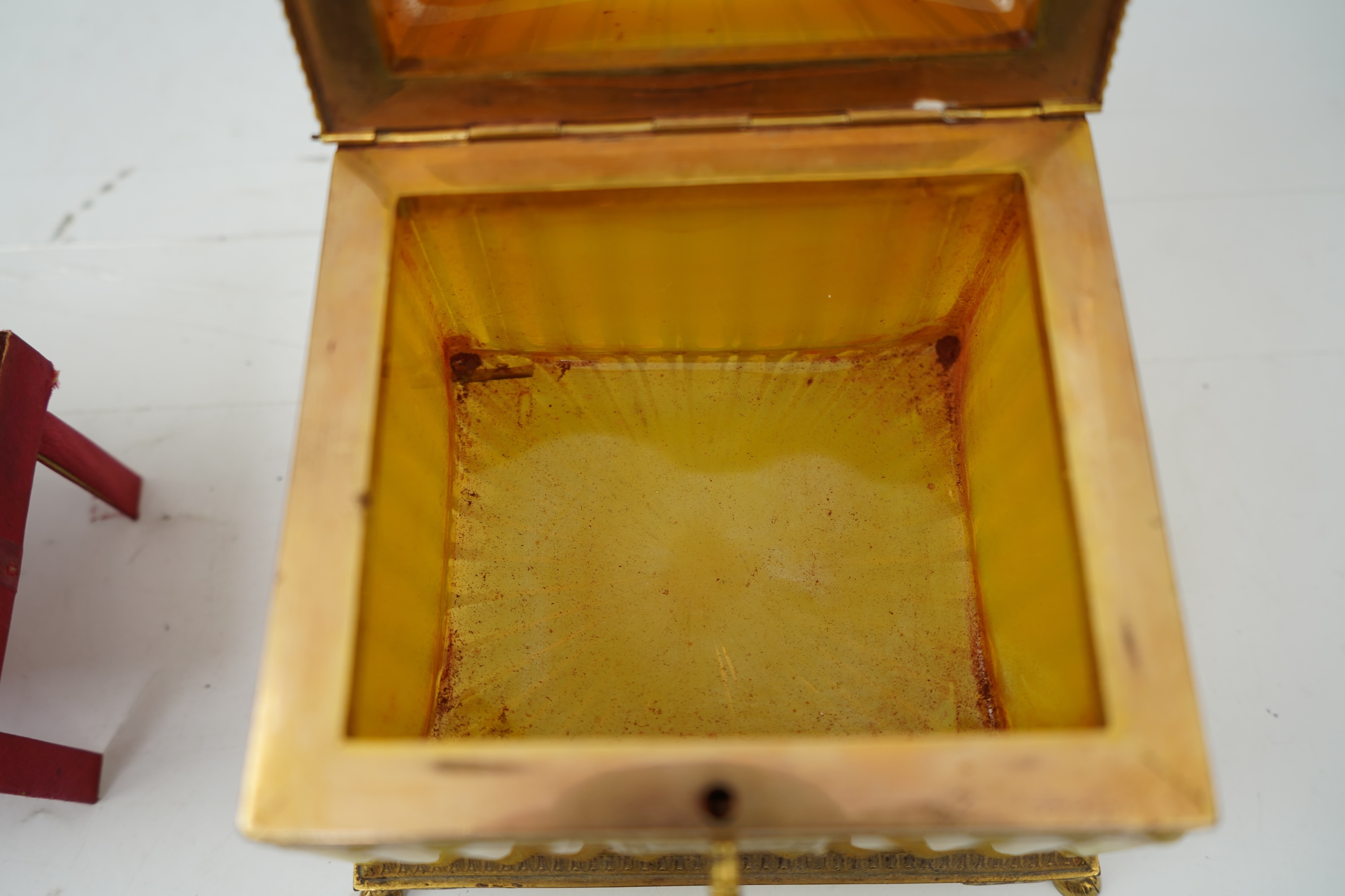 A mid 19th century French opaline glass necessaire box with turquoise and gold mounted accessories